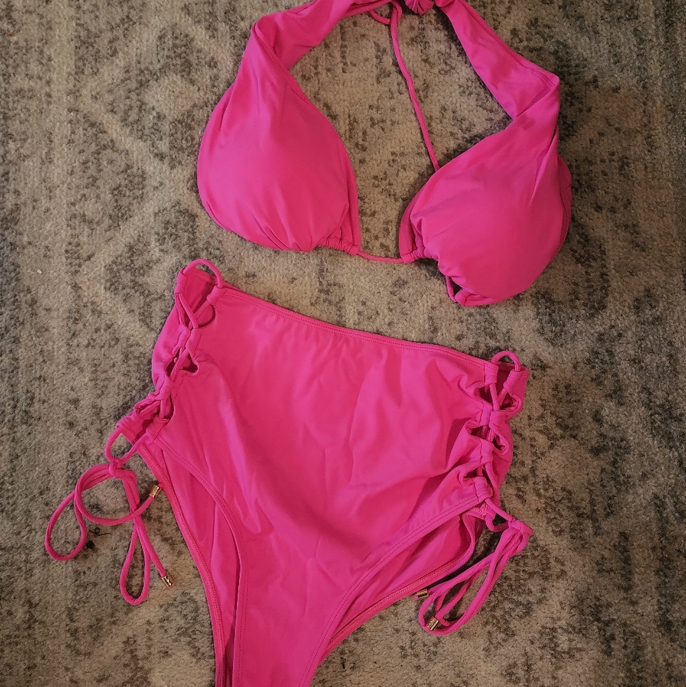 BuffBunny Hot Pink Lace-Up High-Waist Bikini
